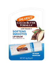 Soften and Smooth lips with Palmer’s Cocoa Butter Formula Lip Balm, crafted with intensively moisturising Cocoa Butter and Vitamin E. Locks in hydration to protect lips from chapping, cracking or environmental damage. 
Protect this product from excessive heat and direct sun.
48 Hour Moisture.
Usage Instructions: Apply to lips as needed for a boost of hydration.
Suitable for Vegans.