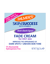 Infused with natural skin brighteners Vitamin C, Japanese Songyi Mushroom Extract and anti-aging powerhouse Retinol, Palmer's® Skin Success® Anti-Dark Spot Fade Cream Oily Skin enhances skin's radience and helps minimize the apperance of fine lines and wrinkles.
Specifically formulated for oily skin types to control shine and leave a matte finish.
A tone correcting fade cream that effectively lightens the appearance of dark spots and discoloration, leaving skin more luminous and evenly-toned. Uniquely formulated to leave a matte finish and control shininess for skin types prone to oiliness. Formulated with a powerful pigment-perfecting blend of ingredients: 5% Niacinamide, Retinol, Songyi Mushroom, Vitamin C, and Vitamin E.
Free of Parabens, Phthalates and synthetic dyes
Contains an added sunscreen to prevent dark spots from recurring.
Apply Palmer's® Skin Success® Anti-Dark Spot Fade Cream Oily Skin to afftected areas twice daily on clean, dry skin. Light enough to wear under makeup
Not suitable for vegans