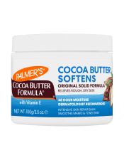 Soften and Smooth extremely rough, dry skin with Palmer’s Cocoa Butter Formula original solid, crafted with intensively moisturising Cocoa Butter and Vitamin E. This multipurpose  concentrated solid melts into skin to lock in moisture. Ideal for dry patches, feet, elbows, cuticles and more!
Cocoa Butter (Theobroma Cacao): Naturally harvested from cocoa beans, cocoa butter is a rich, nutrient-packed super ingredient loaded with antioxidant CMPs (Cocoa Mass Polyphenols) for superior skin care and moisture barrier protection. 
Relieves rough, dry skin - Smoothes marks & tones skin
48-hour moisture 
Usage Instructions: Apply to moisture-thirsty skin. Can be used as an overnight treatment. Check our #Jar101 PAGE for uses and tips
 
Suitable for Vegans.