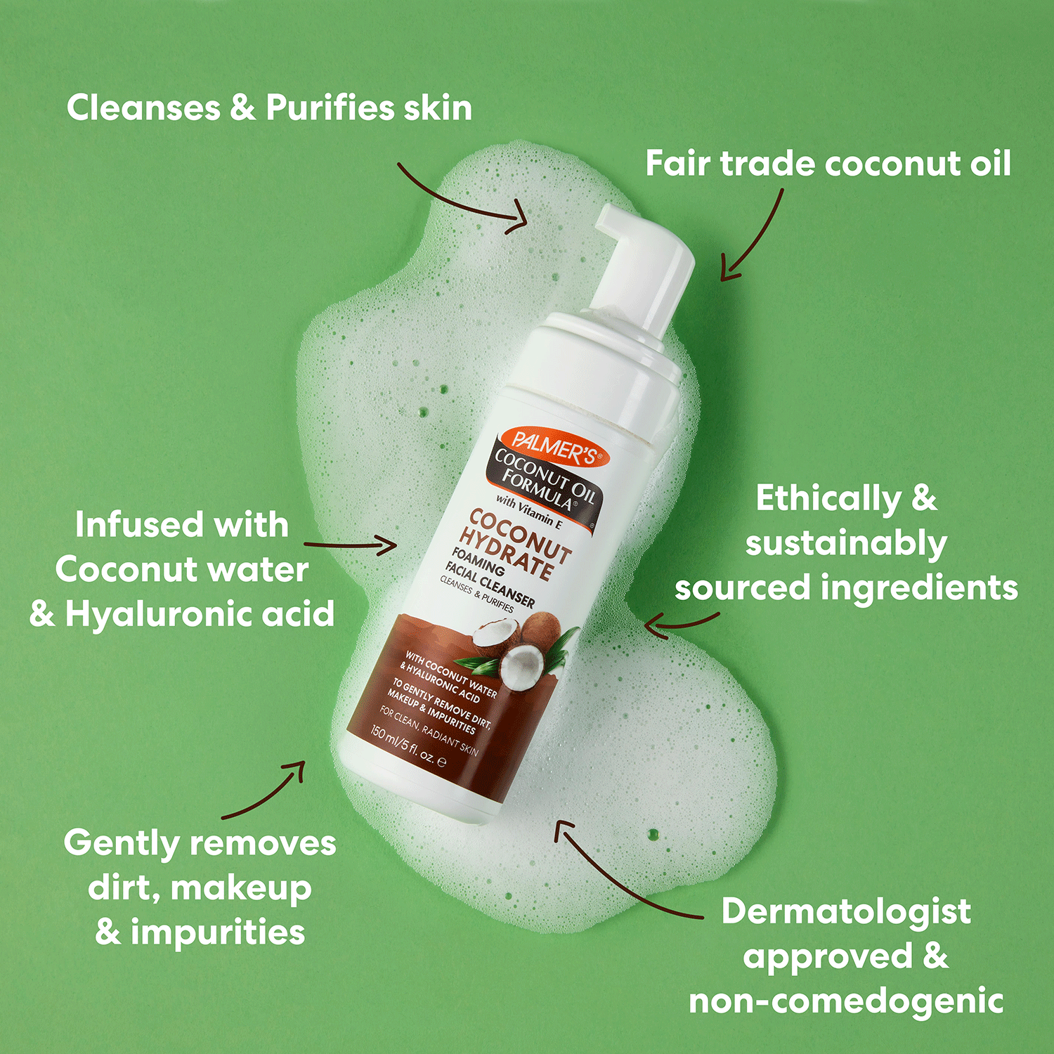 Coconut Hydrate Foaming Cleanser amidst foamy bubbles, highlighting key benefits.