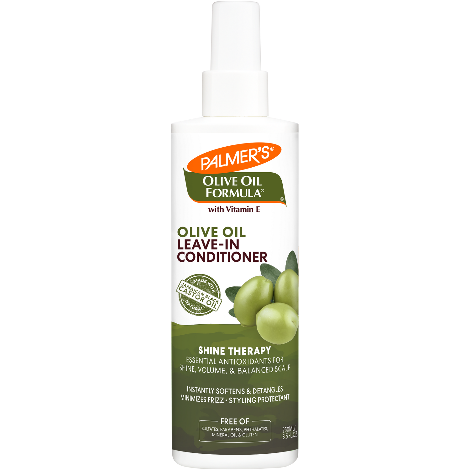 Palmer's Olive Oil Leave-In Conditioner spray bottle with benefits listed.
