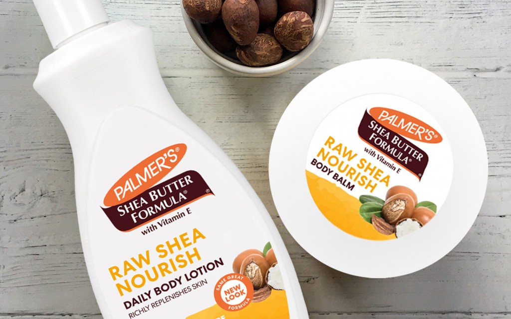 Palmer's Shea Formula Raw Shea Body Lotion and Raw Shea Balm, the best shea butter skin care, on a table